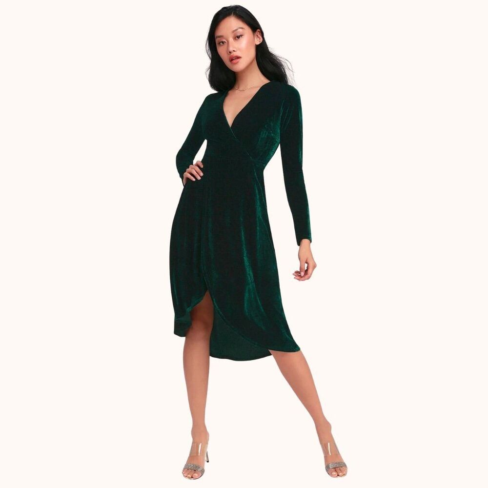 NWT Lulus Silver Screen Emerald Green Velvet Long Sleeve Midi Dress